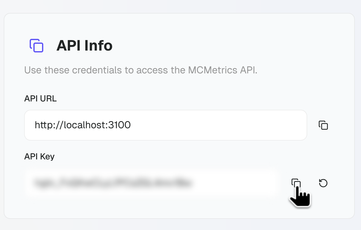 Cursor hovering hover the API key copy button in the API info section.