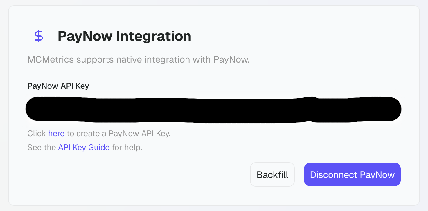 The PayNow integration section, with a new backfill button