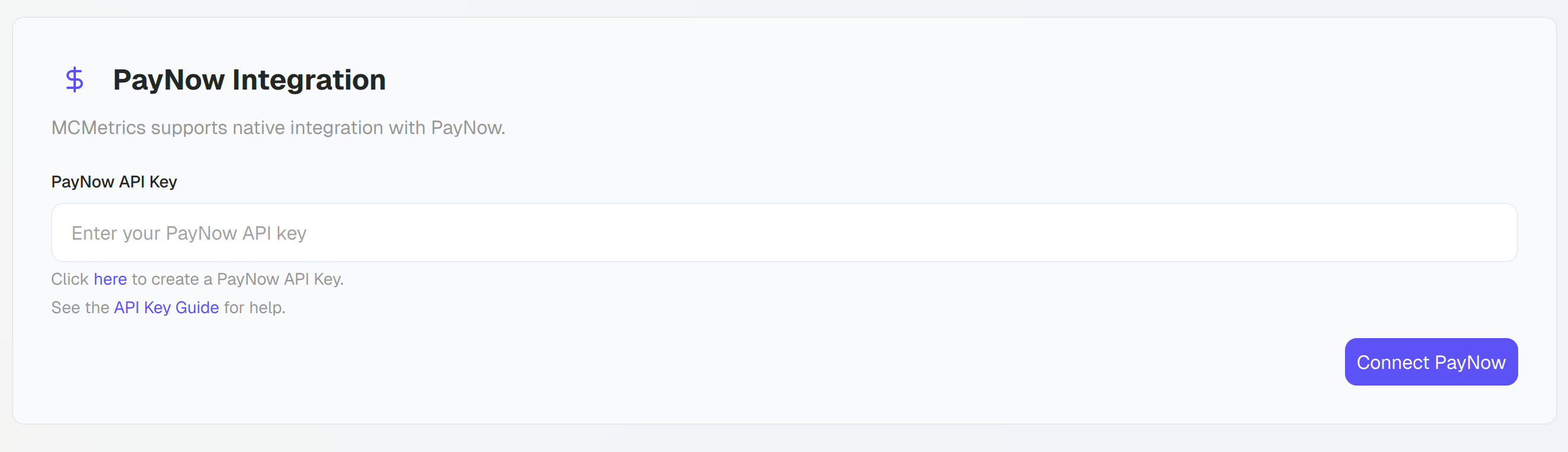 The PayNow integration section in the server settings