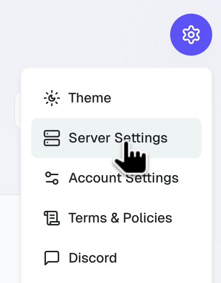 Cursor hovering over Server Settings after opening top right cog